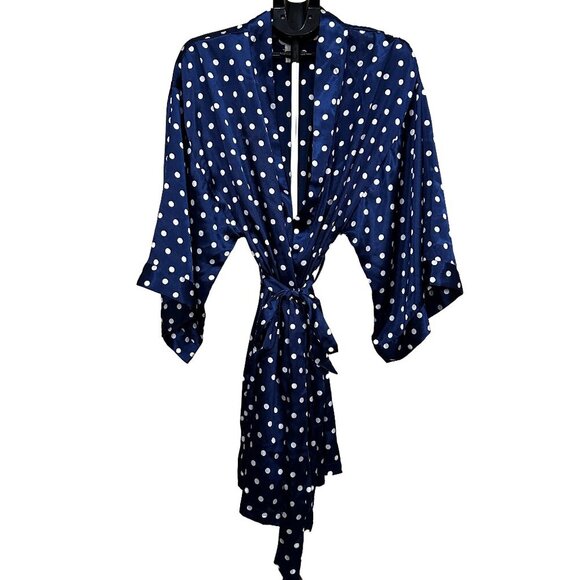 Vintage Sears & Roebuck Inner Most Navy Silky Robe White Polka Dots, Size Large - Picture 1 of 4